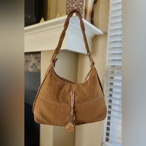 Y2K Boho Faux Suede Hobo Bag Brown w/ Dangling Heart Charms